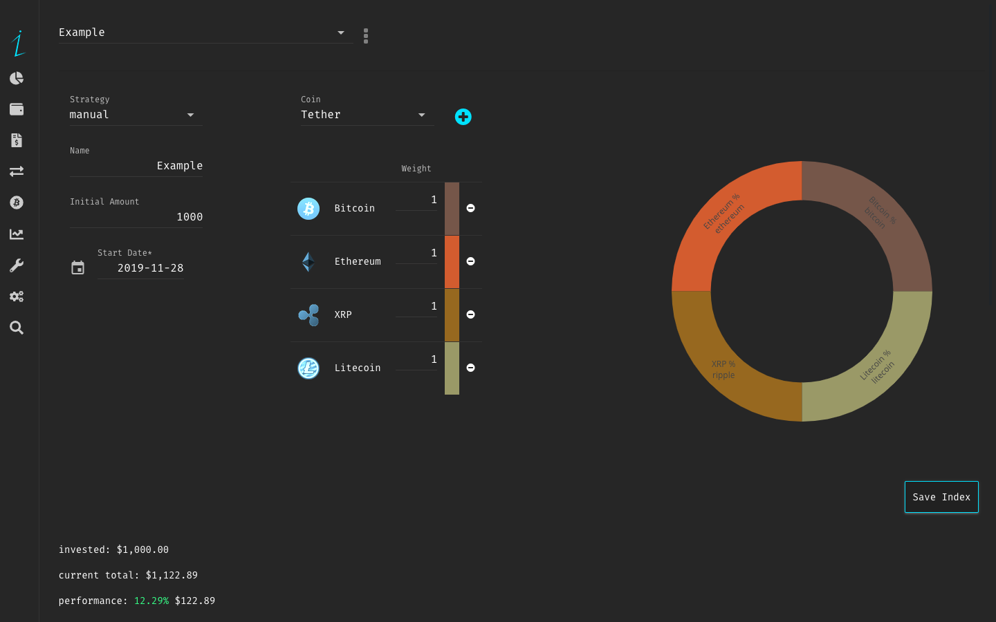 Simulate a portfolio index based on various strategies and test asset performance.